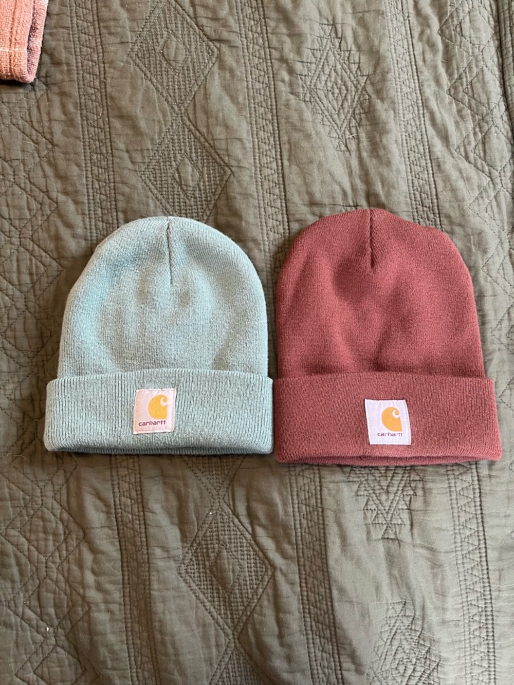 Carhartt Lot 2 Solid Knit Acrylic Beanie Hats Blue/Green & Brown One Size Logo